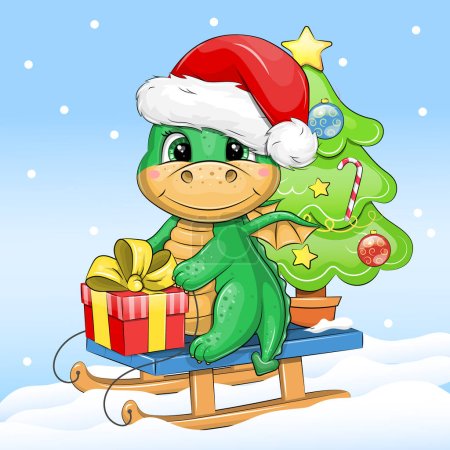 Cute cartoon green dragon in santa hat with red gift and christmas tree on sleigh. New year vector illustration on a blue background with white snow.