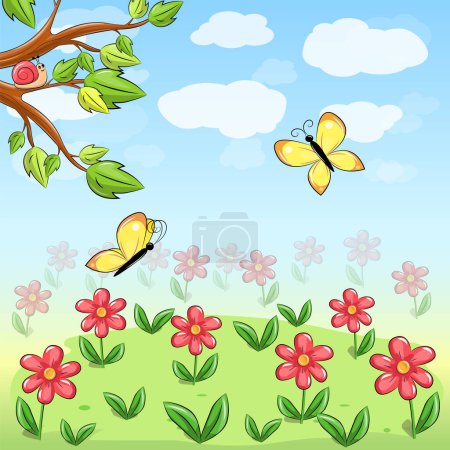 Téléchargez les illustrations : Joli paysage de jardin de dessin animé. Illustration vectorielle de la nature avec fleurs rouges, papillons jaunes, arbres, herbe verte, ciel bleu et nuages blancs. - en licence libre de droit