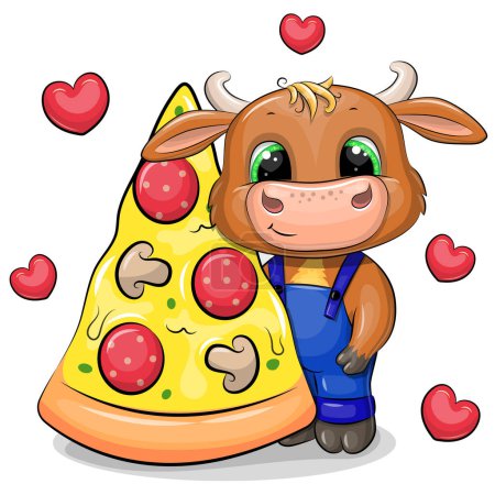 Mignon taureau de dessin animé avec un gros morceau de pizza. Illustration vectorielle de l'animal sur fond blanc avec des c?urs rouges.