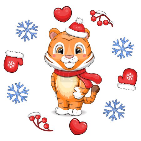 Illustration for Cute cartoon tiger with a red scarf and hat in a winter frame. Christmas vector illustration of an animal with hearts, mittens, berries, snowflakes on a white background. - Royalty Free Image