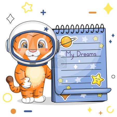 Illustration for A cute cartoon astronaut tiger with a blue notebook with stickers. Vector illustration of an animal on a white background with stars, circles. - Royalty Free Image