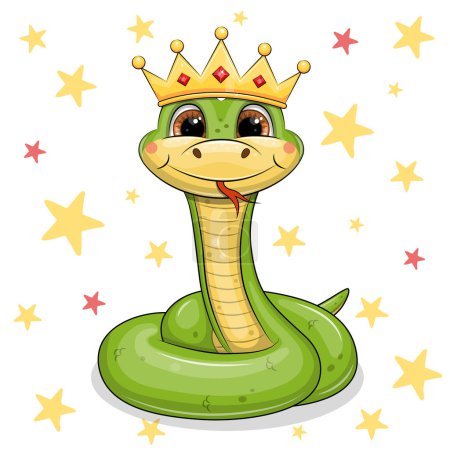 Ilustración de Lindo rey serpiente de dibujos animados con corona de oro. Ilustración vectorial de un animal sobre un fondo blanco con estrellas amarillas. - Imagen libre de derechos