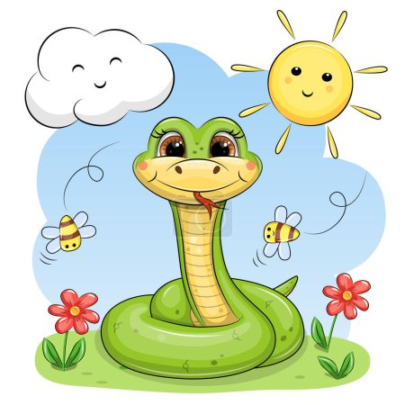 Ilustración de Linda serpiente verde de dibujos animados en la naturaleza. Ilustración vectorial primaveral de un animal con flores y abejas sobre fondo azul con sol y nube. - Imagen libre de derechos