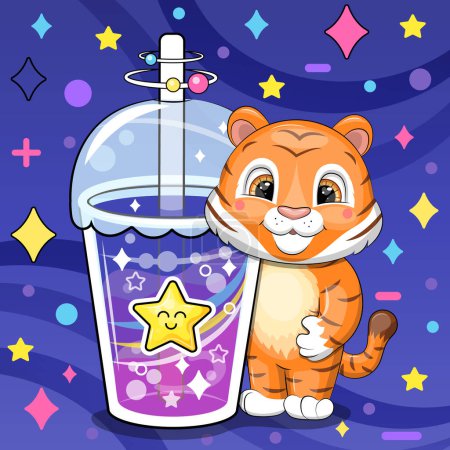 Illustration for A cute cartoon tiger is holding a big drink. Night vector illustration of an animal on a dark blue background with stars. - Royalty Free Image