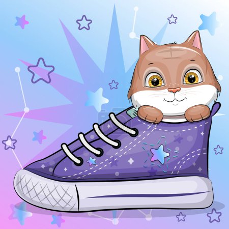Eine süße Cartoon-Katze mit Turnschuhen. Vektorillustration eines Tieres auf buntem Hintergrund mit Sternen.