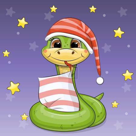 Cute cartoon green snake in nightcap is going to sleep with a pillow. Night vector illustration on dark background with stars.