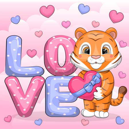 Illustration for Word Love and cute cartoon tiger girl with heart. Vector illustration of animal on pink background with hearts. - Royalty Free Image