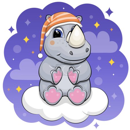 Lindo rinoceronte de dibujos animados con una gorra de dormir está sentado en una nube. Ilustración vectorial nocturna del animal sobre un fondo púrpura oscuro.