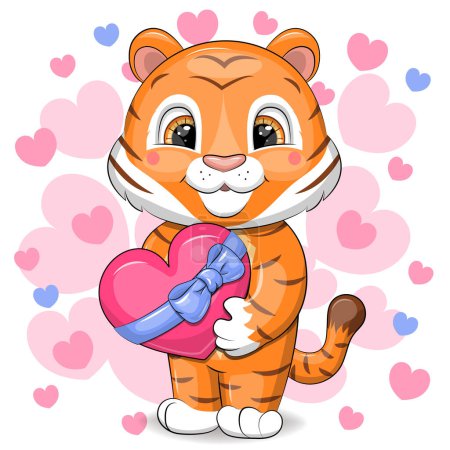 Illustration for Cute cartoon tiger with heart. Vector illustration of animal on white background with pink hearts. - Royalty Free Image