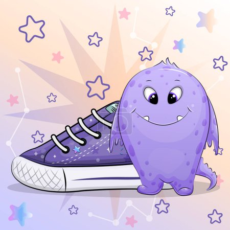 Un lindo monstruo de dibujos animados con una zapatilla de deporte. Ilustración vectorial de un animal sobre un fondo colorido con estrellas.