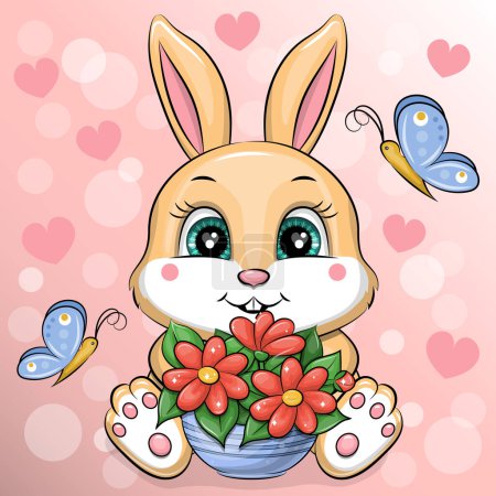 Cute cartoon bunny with butterflies and a flower pot. Vector illustration of an animal on a pink background with hearts.