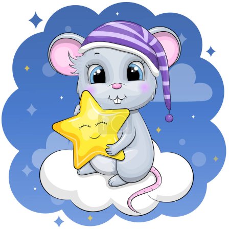 Mignonne souris dessin animé porte un bonnet de nuit et tenant une étoile jaune, et assis sur un nuage. Illustration vectorielle animalière nocturne sur fond bleu.