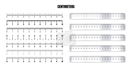Illustration for Realistic metal rulers with black centimeter scale for measuring length or height. Various measurement scales with divisions. Ruler, tape measure marks, size indicators. Vector illustration. - Royalty Free Image
