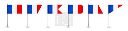 Illustration for Realistic various French table flags on a chrome steel pole. Souvenir from France. Desk flag made of paper or fabric, shiny metal stand. Mockup for promotion and advertising. Vector illustration. - Royalty Free Image