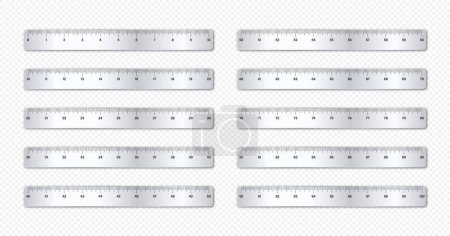Illustration for Realistic various shiny metal rulers with measurement scale and divisions, measure marks. School ruler, inch scale for length measuring. Office supplies. Vector illustration. - Royalty Free Image