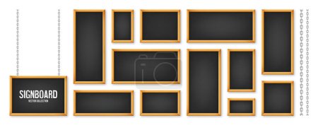Illustration for Signboards in a wooden frame hanging on a metal chain. Restaurant menu board. School chalkboard, writing surface for text or drawing. Blank advertising or presentation boards. Vector illustration. - Royalty Free Image