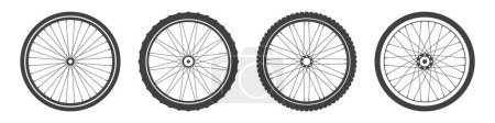 Téléchargez les illustrations : Black bicycle wheel symbols collection. Bike rubber tyre silhouettes. Fitness cycle, road and mountain bike. Vector illustration - en licence libre de droit