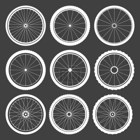 Téléchargez les illustrations : Black bicycle wheel symbols collection. Bike rubber tyre silhouettes. Fitness cycle, road and mountain bike. Vector illustration - en licence libre de droit
