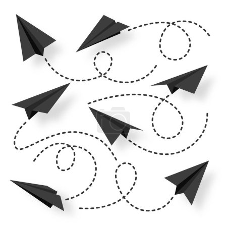 Various realistic black paper planes collection. Handmade origami aircraft with dotted doodle route line. Business concept element, project startup and goal achievement. Vector illustration.