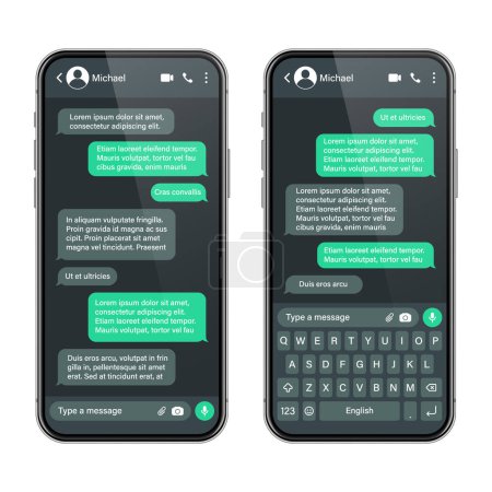 Realistic smartphone with messaging app. SMS text frame. Conversation chat screen with green message bubbles and placeholder text. Dark mode. Social media application. Vector illustration.