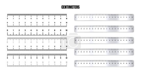 Illustration for Realistic metal rulers with black centimeter scale for measuring length or height. Various measurement scales with divisions. Ruler, tape measure marks, size indicators. Vector illustration. - Royalty Free Image