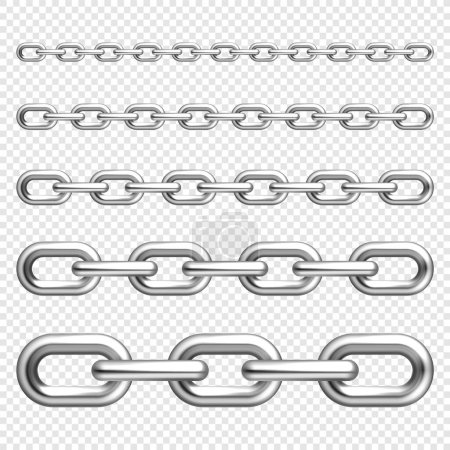 Realistic metal chain with silver links on checkered background. Vector illustration