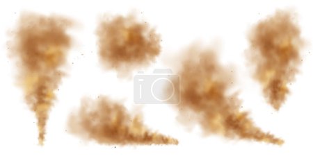 Realistic dust clouds isolated on white background. Sand storm with dirt particles, polluted dirty brown air, smog. Vector illustration.