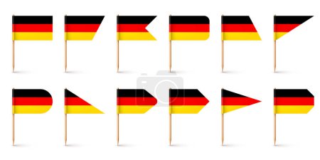 Illustration for Realistic various German toothpick flags. Souvenir from Germany. Wooden toothpicks with paper flag. Location mark, map pointer. Blank mockup for advertising and promotions. Vector illustration. - Royalty Free Image
