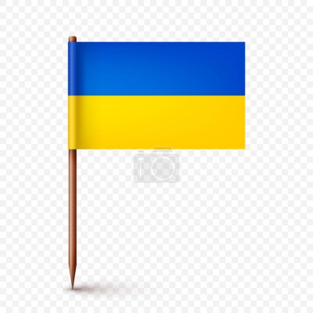 Illustration for Realistic Ukrainian toothpick flag. Souvenir from Ukraine. Wooden toothpick with paper flag. Location mark, map pointer. Blank mockup for advertising and promotions. Vector illustration. - Royalty Free Image