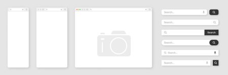 Blank internet browser window with various search bar templates. Web site engine with search box, address bar and text field. UI design, website interface elements. Vector illustration. 