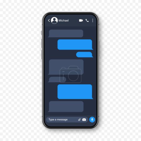 Realistic smartphone with messaging app. Blank SMS text frame. Conversation chat screen with blue message bubbles. Social media application. Vector illustration