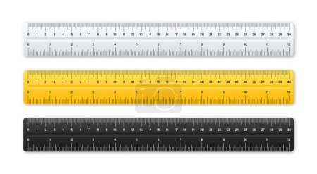 Realistas varias reglas de plástico con escala de medición y divisiones, marcas de medición. Regla de la escuela, escala de centímetros y pulgadas para medir la longitud. Material de oficina. Ilustración vectorial.