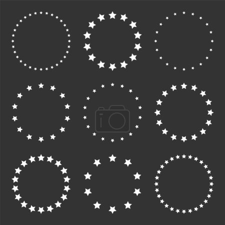 White stars of various sizes arranged in a circle. Round frame, border. Black star outline, simple symbol. Design element, ornament. Line art. Vector illustration.