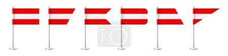 Illustration for Realistic various Austrian table flags on a chrome steel pole. Souvenir from Austria. Desk flag made of paper or fabric, shiny metal stand. Mockup for promotion and advertising. Vector illustration. - Royalty Free Image