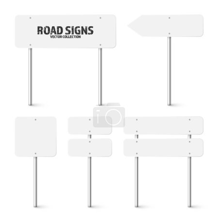 Illustration for Various road, traffic signs. Highway signboard on a chrome metal pole. Blank white board with place for text. Directional signage and wayfinder. Information sign mockup. Vector illustration. - Royalty Free Image