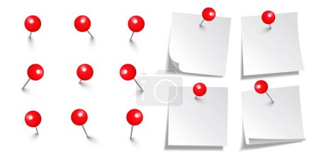 Illustration for Realistic blank sticky notes isolated on white background. White sheets of note paper with red round push pins. Paper reminder and plastic pushpin with needle. Board tacks. Vector illustration. - Royalty Free Image