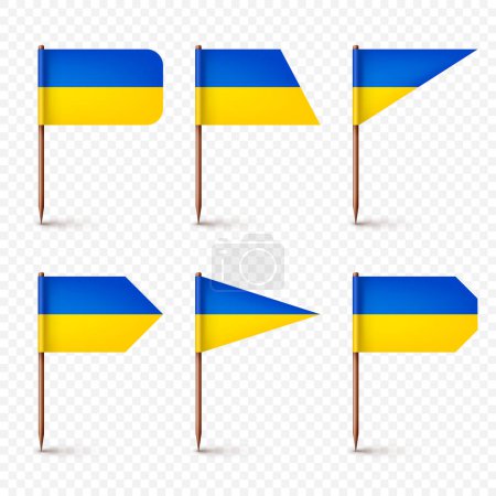 Illustration for Realistic various Ukrainian toothpick flags. Souvenir from Ukraine. Wooden toothpicks with paper flag. Location mark, map pointer. Blank mockup for advertising and promotions. Vector illustration. - Royalty Free Image