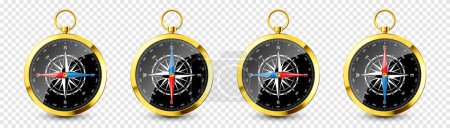 Illustration for Realistic golden vintage compass with marine wind rose and cardinal directions of North, East, South, West. Shiny metal navigational compass. Cartography and navigation. Vector illustration. - Royalty Free Image