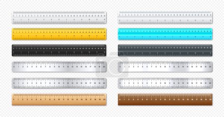 Illustration for Realistic various metal and plastic rulers with measurement scale and divisions, measure marks. School ruler, centimeter and inch scale for length measuring. Office supplies. Vector illustration. - Royalty Free Image