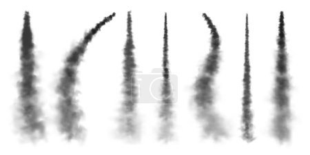 Realistic missile or bullet trail. Airplane condensation trails, jet aircraft tracks. Space rocket launch. Black smoke clouds, explosion. Steam flow. Vector illustration.