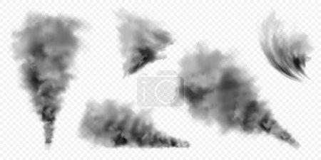Realistic black smoke clouds. Stream of smoke from burning objects. Transparent fog effect. Vector design element