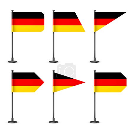 Illustration for Realistic various German table flags on a black steel pole. Souvenir from Germany. Desk flag made of paper or fabric, shiny metal stand. Mockup for promotion and advertising. Vector illustration. - Royalty Free Image
