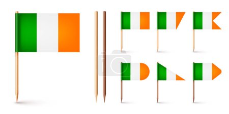 Illustration for Realistic various Irish toothpick flags. Souvenir from Ireland. Wooden toothpicks with paper flag. Location mark, map pointer. Blank mockup for advertising and promotions. Vector illustration. - Royalty Free Image