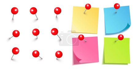 Realistic blank sticky notes isolated on white background. Colorful sheets of note paper with red round push pins. Paper reminder and plastic pushpin with needle. Board tacks. Vector illustration.