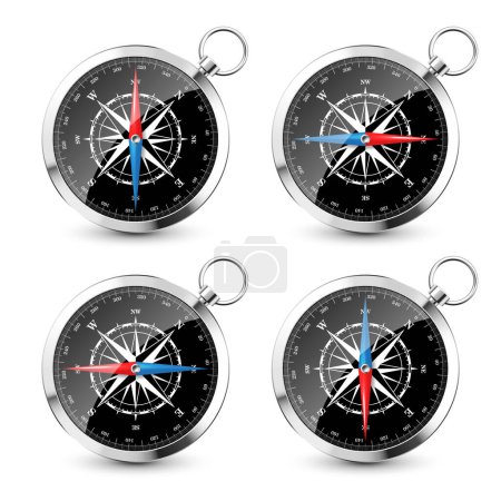 Illustration for Realistic silver vintage compass with marine wind rose and cardinal directions of North, East, South, West. Shiny metal navigational compass. Cartography and navigation. Vector illustration - Royalty Free Image