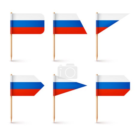 Illustration for Realistic various Russian toothpick flags. Souvenir from Russia. Wooden toothpicks with paper flag. Location mark, map pointer. Blank mockup for advertising and promotions. Vector illustration. - Royalty Free Image