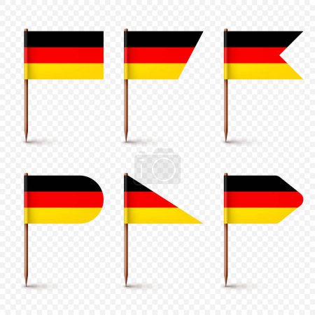 Illustration for Realistic various German toothpick flags. Souvenir from Germany. Wooden toothpicks with paper flag. Location mark, map pointer. Blank mockup for advertising and promotions. Vector illustration. - Royalty Free Image