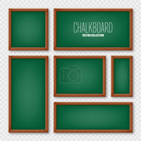 Illustration for Realistic various chalkboards in a wooden frame. Green restaurant menu board. School blackboard, writing surface for text or drawing. Blank advertising or presentation boards. Vector illustration. - Royalty Free Image