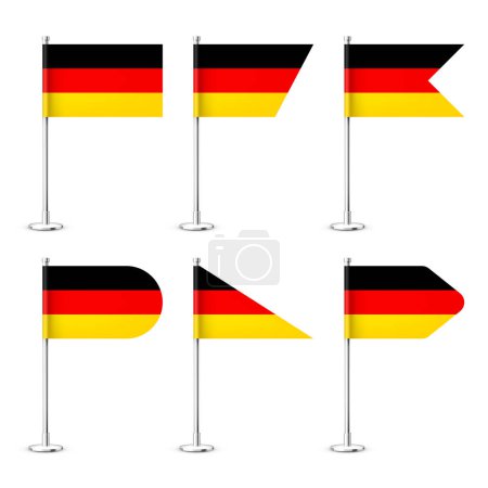 Illustration for Realistic various German table flags on a chrome steel pole. Souvenir from Germany. Desk flag made of paper or fabric, shiny metal stand. Mockup for promotion and advertising. Vector illustration. - Royalty Free Image