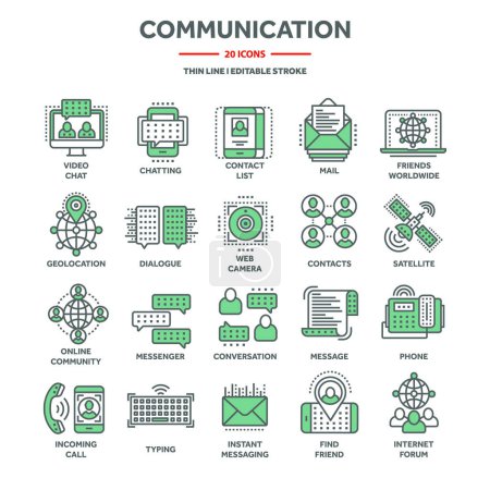 Ilustración de Communication, social media and online chatting. SMS, phone call, messaging in smartphone messenger application. Computing, email web services support. Thin line icons set. Vector illustration. - Imagen libre de derechos